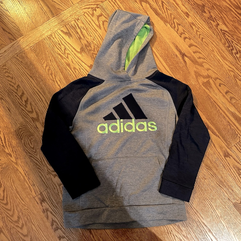 Adidas hooded sweatshirt grey with navy sleeves. Size 10/12